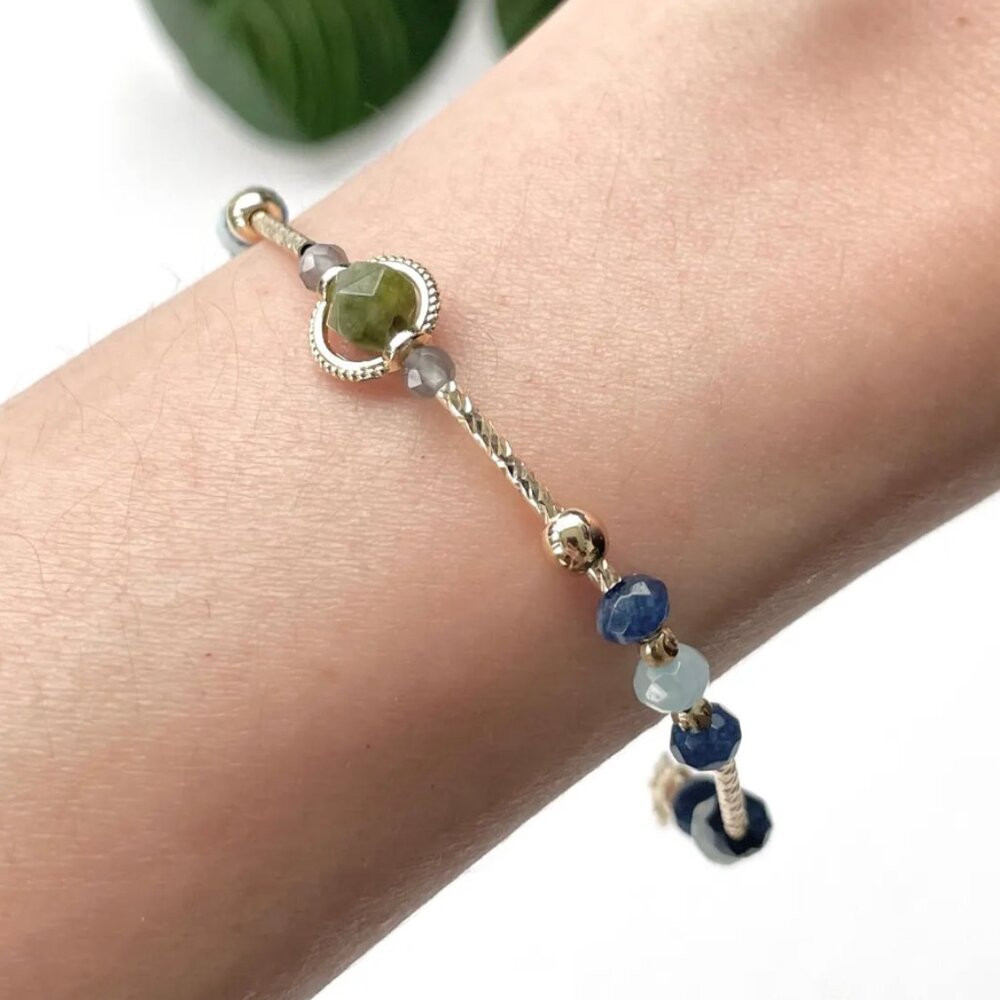 Aquamarine Floral Bracelet: Jade Gemstone, 14k gold-plated seed beads